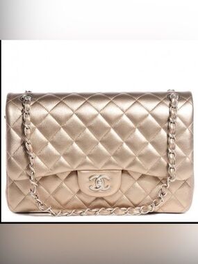 CHANEL Classic Quilted Metallic Champagne Jumbo lampskin Double Flap Crossbody